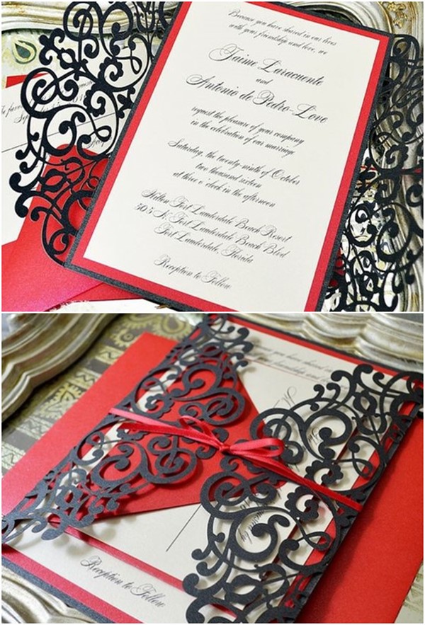 Black and Red Laser Cut Wedding Invitation by PAPER & LACE