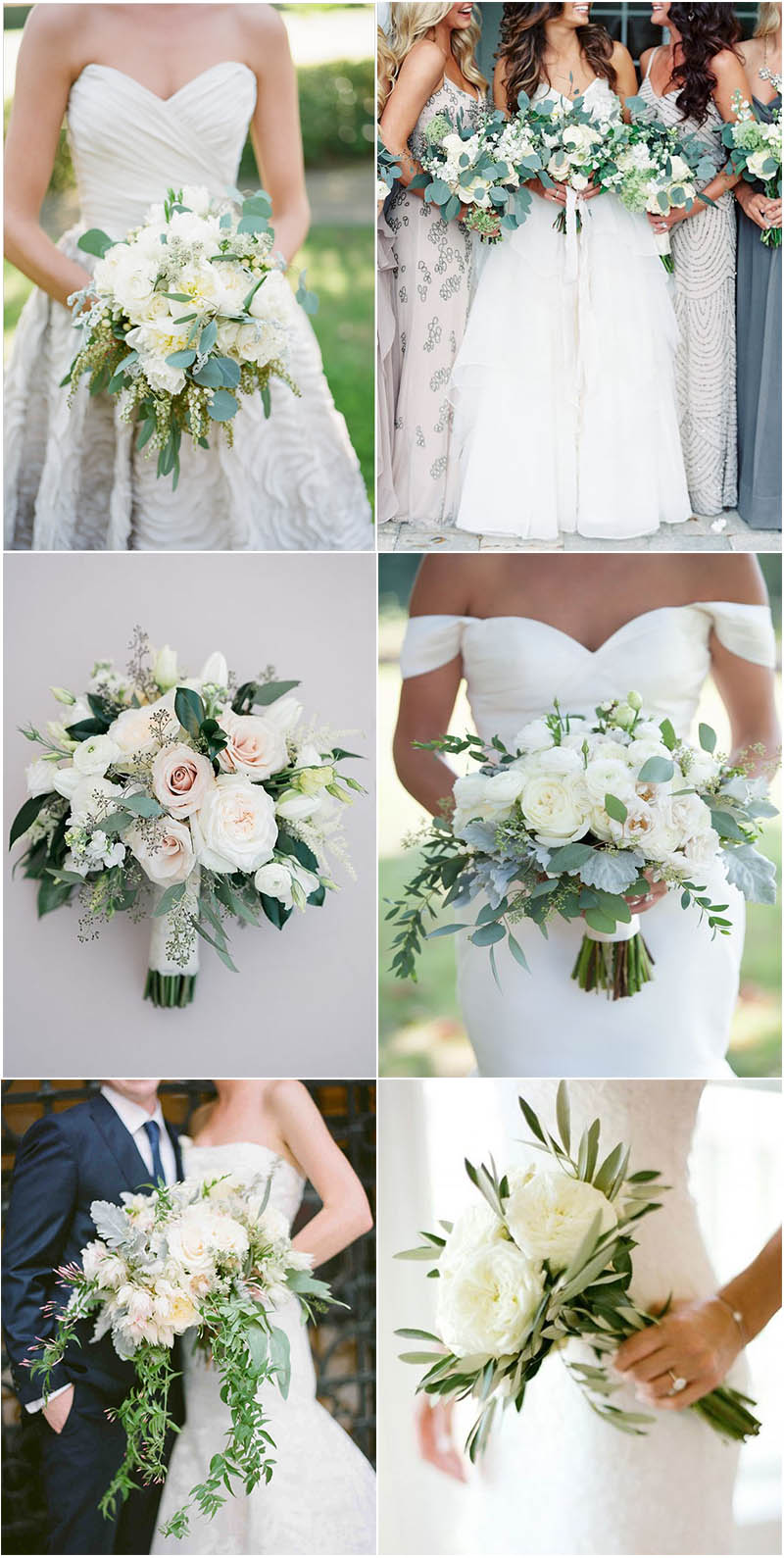 rustic and elegant white and green wedding bouquets