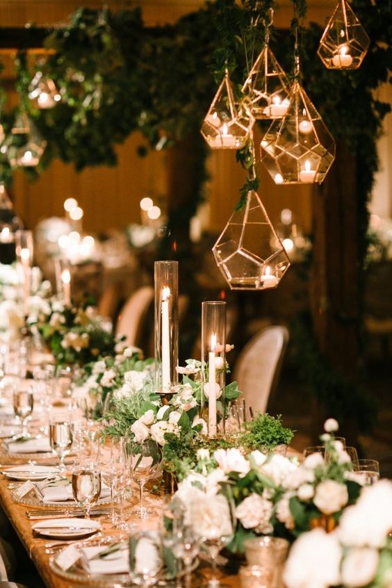  white and green wedding table decoration and hanging decor ideas 